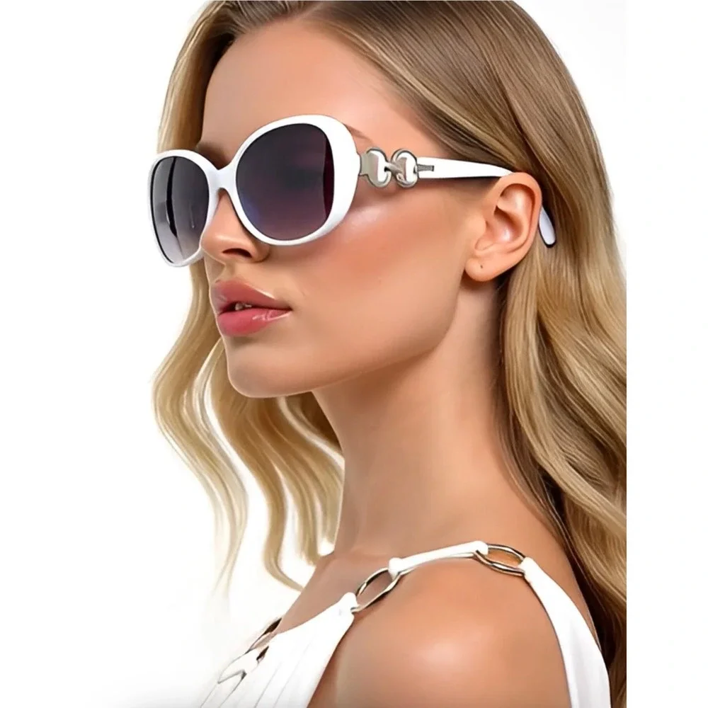 Sunglasses White Frame Women Eyeglasses Double Ring Accents Elegant Lentes Gafas
